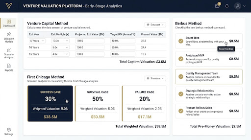 Institutional-grade financial valuation dashboard for startups featuring Venture Capital, First Chicago, and Berkus methods