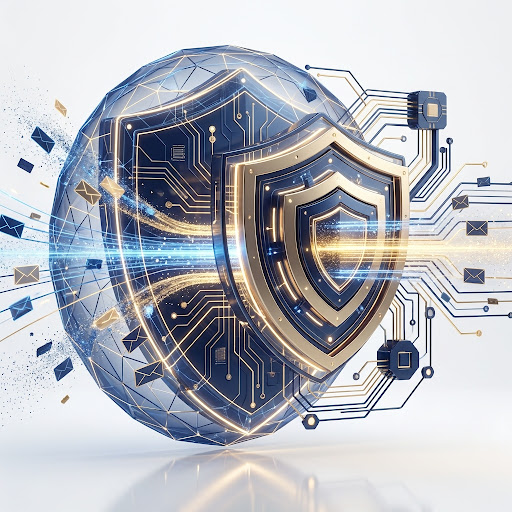Technical 3D illustration of a dual-layered enterprise firewall system